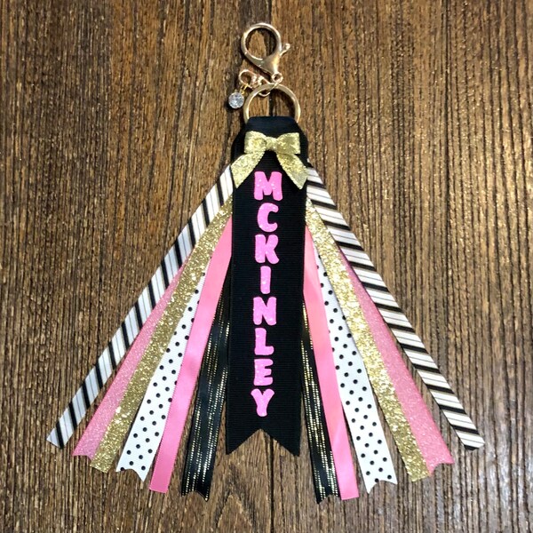 Personalized RIBBON KEYCHAIN - name key ring/bag tag/zipper pull/purse charm (Hot Pink & Gold) ... All colors/sports!