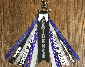 Personalized RIBBON KEYCHAIN - name key ring/bag tag/zipper pull/purse charm (Royal Purple, Black & Silver) ... All colors/sports!