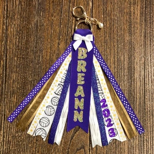 Personalized RIBBON KEYCHAIN - name key ring/bag tag/zipper pull/purse charm (Volleyball) ... all team colors/sports available!