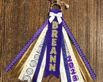 Personalized RIBBON KEYCHAIN - name key ring/bag tag/zipper pull/purse charm (Volleyball) ... all team colors/sports available!