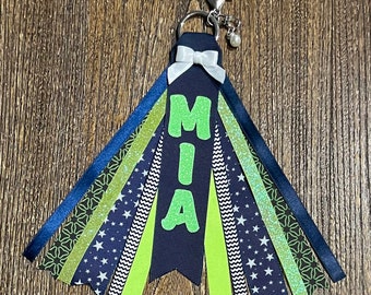 Personalized RIBBON KEYCHAIN Bag Tassel - name key ring/tag/zipper pull/purse charm (Navy Blue, Green/Lime/Neon & Silver) All colors/sports!