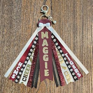 Personalized RIBBON KEYCHAIN - name key ring/bag tag/zipper pull/purse charm (Burgundy/Maroon & Gold) ... All colors/sports!