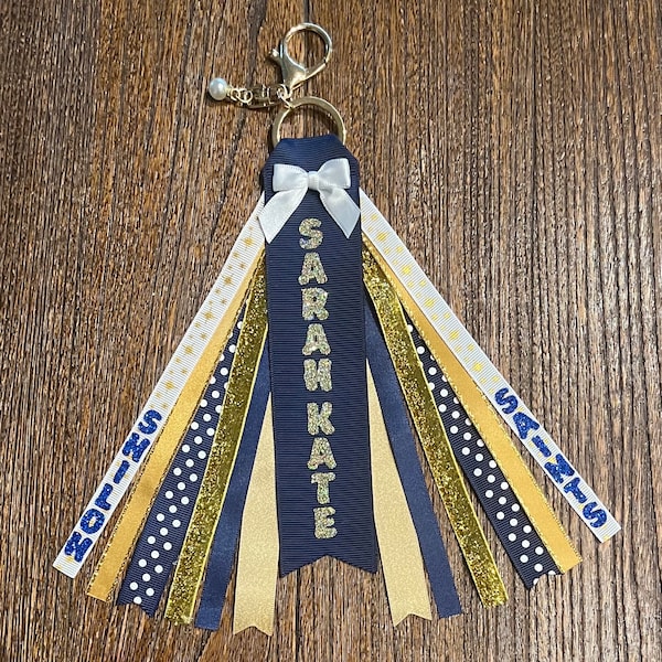 Personalized RIBBON KEYCHAIN Bag Tassel - name key ring/tag/zipper pull/purse charm (Navy Blue & Gold) All colors/sports!