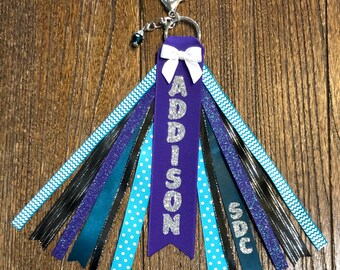 Personalized RIBBON KEYCHAIN Bag Tassel - name key ring/tag/zipper pull/purse charm (Purple, Teal/Aqua Blue & Silver) All colors/sports!