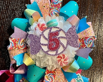 Candyland BIRTHDAY CORSAGE - Rainbow Sweets Shoppe Lapel/Backpack Mini Mum custom, one of a kind decor ... ready to ship!