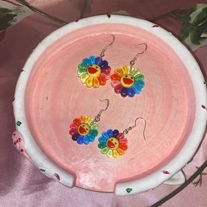 Aesthetic Handmade Murakami Rainbow Flower Earrings, Stainless Steel Hooks, Murakami Charm