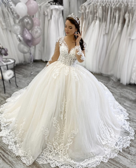 Princess Long Sleeve Bridal Dress Ivory Tulle & Lace Wedding | Etsy
