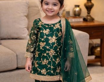 Conjunto de kurta sharara con bordado verde para niñas, trajes de boda, salwar kameez, vestidos étnicos indios, traje sharara para niñas, conjuntos familiares.