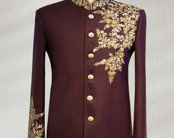 Burgundy Zardozi Embroidered Jodhpuri Suit For Men Bandhgala Suit For Wedding Indian Prince Suit Jodhpuri Jacket Groom Attire Made To Order