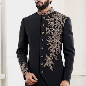 Stylish Black Zardozi Embroidered Sherwani For Men Long Achkan For Wedding Indian Wedding Suit Sherwani Jacket Groom Sherwani Made To Order