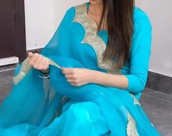 Blauw geborduurd Kurta Patiala-pak voor vrouwen Indiaas salwar-pak bruiloft Kurta Patiala-jurk Punjabi-pak Pakistaans Salwar Kameez voor meisjes