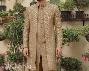 Indian Chikankari Indowestern Open Sherwani For Men Achkan Suit For Wedding Indian Wedding Suit Sherwani Jacket Groom Sherwani Made To Order