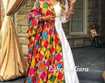 White Anarkali gown with heavy punjabi phulkari dupatta salwar kameez bridesmaid dress Indian dress indian anarkali gown