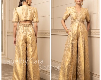Stylish Gold Brocade JumpSuit For Women Indian Salwar Suit Set For Wedding Jumpsuit Dress Punjabi Suit Indian Salwar Kameez Cocktail Dress