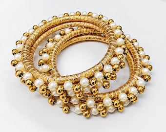 Pair Of Traditional Gold Indian Pearl Bangles For Wedding Jewelry Gift For Her Bridesmaids Gift Wedding Accessories For Women Moti Bangles