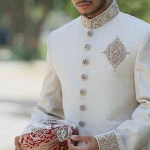 Designer Ivory Zardozi Embroidered Sherwani For Men Long Achkan For Wedding Indian Wedding Suit Sherwani Jacket Groom Sherwani Made To Order