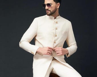 Abito indo-occidentale in pura seta italiana per uomo, abito Bandhgala per matrimonio, giacca Sherwani etnica indiana per matrimonio, abbigliamento da sposo su misura