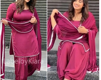 Kurta Patiala indiano in georgette bordeaux per donna, completo Salwar per matrimonio, abito Kurta Patiala, completo Punjabi, Salwar Kameez pakistano indiano