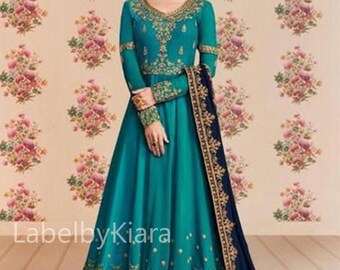Traje Anarkali bordado azul para mujer, conjunto de vestido Anarkali indio para vestido de novia, traje Punjabi, traje Salwar Kameez pakistaní, traje de corte A