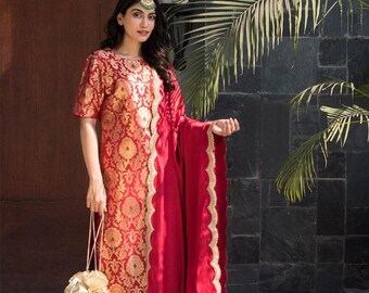 Beau brocart Salwar Kameez & Dupatta pour femme costume Salwar pour mariage pantalon kurta costume punjabi prêt-à-porter ethnique indien Salwar Kameez