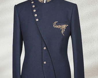 Navy Blue Zardozi Embroidered Jodhpuri Suit For Men Bandhgala Suit For Wedding Indian Prince Suit Jodhpuri Jacket Groom Attire Made To Order