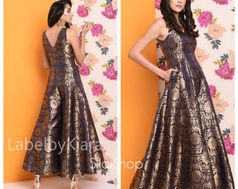 Traje anarkali de brocado azul marino para mujer, conjunto de vestido anarkali indio para vestido de novia, traje punjabi, salwar kameez pakistaní, traje de corte A
