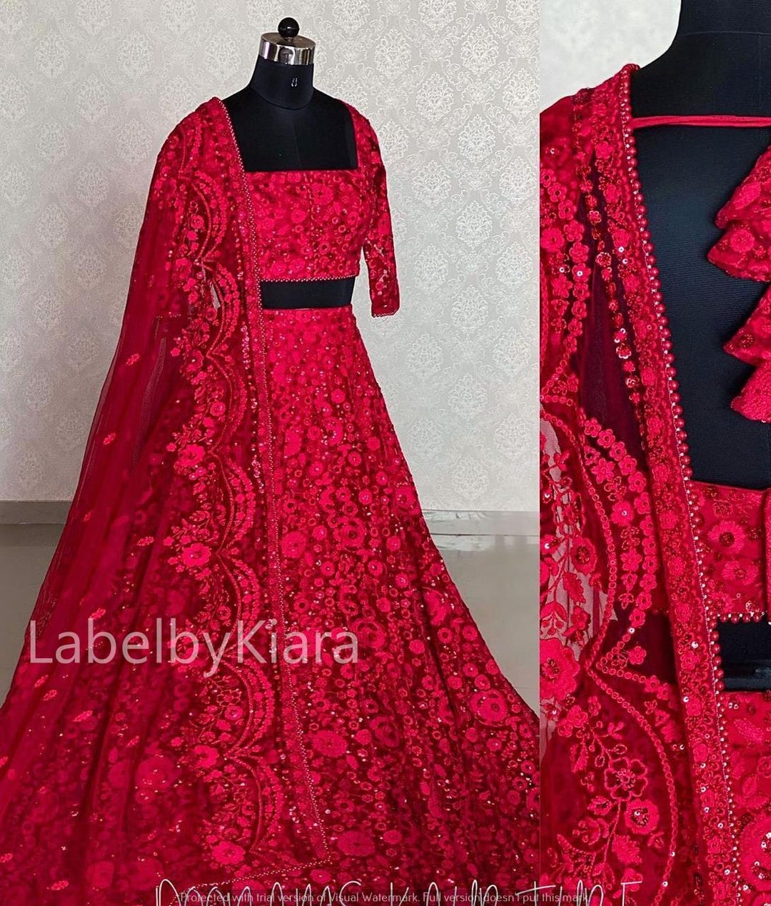 Cream Floral Embroidered Net Lehenga