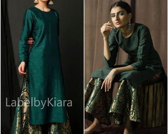 Ensemble Kurta Sharara en brocart Banarasi vert bouteille pour femme Costume Sharara pour mariage Tenues Sharara pakistanaises Indien ethnique Salwar Kameez