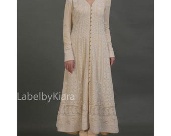 Abito Anarkali ricamato Chikankari per donna, abito indiano Anarkali per abito da sposa, abito punjabi, abito pakistano Salwar Kameez, abito a trapezio