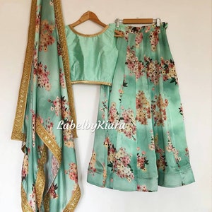 Floral mint green stin georgette   lehenga choli for women bridesmaid lehenga choli floral dress indian dress