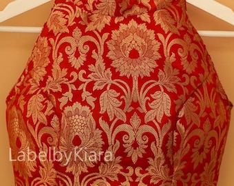 Trendy Brocade Halter Neck Blouse Top For Women Sari Blouse Readymade Blouse Indian Halter Top Wedding Lengha Choli Partywear Crop Top