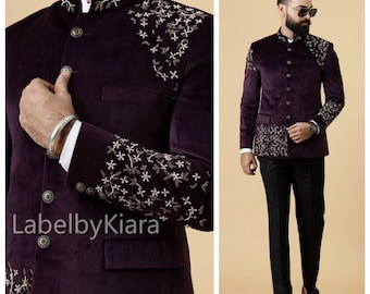 Abito Jodhpuri nero ricamato Zardozi per uomo, abito Bandhgala per matrimonio, abito da sposo indiano, giacca Jodhpuri, abbigliamento da sposo su misura