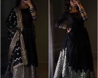 Abito anarkali nero per donna, salwar kameez, salwar suit, abiti pakistani firmati, pronti da indossare, abiti completamente cuciti, spedizione gratuita