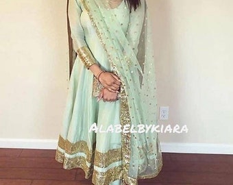 Pista green anarkali suit with sequence borders and net dupatta for women Designer salwar kameez for women indian dress indian lehenga