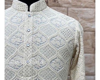 Pure Chikankari Embroidered Kurta Pajama Set For Men Kurta Pajama For Wedding Indian Outfit For Men Designer Kurta Pyjama Made To Order