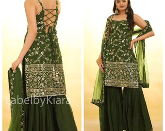 Ensemble Kurta Sharara en brocart Banarasi vert bouteille pour femme Costume Sharara pour mariage Tenues Sharara pakistanaises Indien ethnique Salwar Kameez