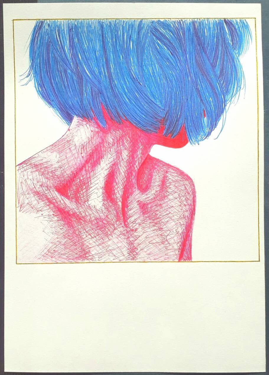 L'absente [The Absent] - Art Print With Hand Embellishments Of A Coloured Pencils & Bic Pens Illustr