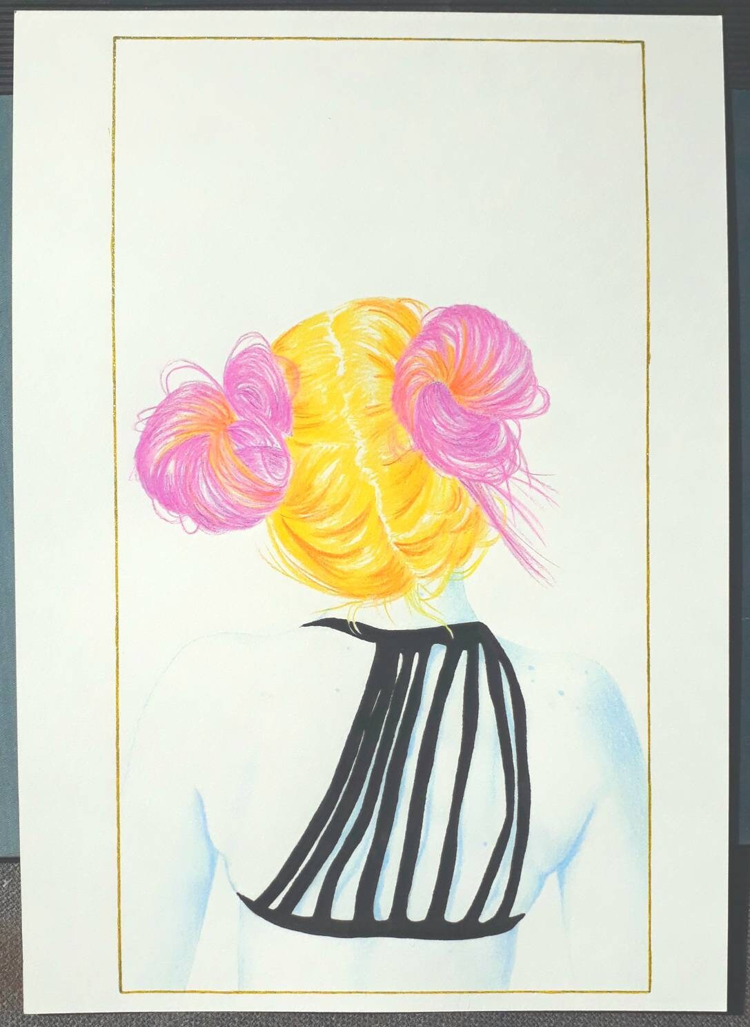 Sunset Bun Head Girl - Art Print Of A Coloured Pencils Illustration A4