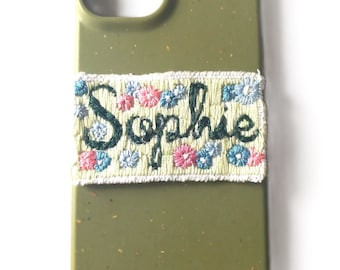 Custom name embroidery Phone case, iPhone 15 14 13 12 Mini 11 6 7 8 SE 2022 SE2022, cotton and linen personalised Eco cell phone cover