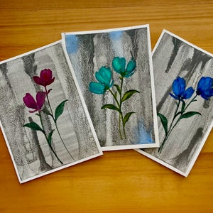 Ensemble de 3- 5x7 original peint à la main, aquarelle florale et graphite anniversaire, merci, sympathie, obtenez-nous;; Bientôt des cartes de vœux.