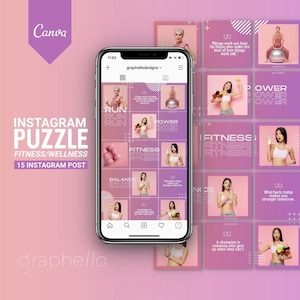 以下が含まれることがあります： スマートフォンは、ピンクと紫のグラデーションの背景を持つ、フィットネスをテーマにしたInstagramパズルを表示します。パズルには、運動する女性の写真、モチベーションを高める引用句、「FITNESS」と「POWER」のテキストが含まれています。 Canvaのロゴは左上にあります。