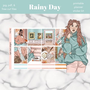 Rainy Day PRINTABLE Weekly Vertical Planner Sticker Kit / Standard Size 1.5in Wide Stickers / JPG, PDF, Free Cut Files Inclus