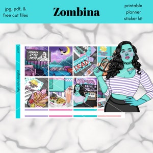 Zombina PRINTABLE Weekly Vertical Planner Sticker Kit / Standard Size 1.5in Wide Stickers / JPG, PDF, Free Cut Files Inclus