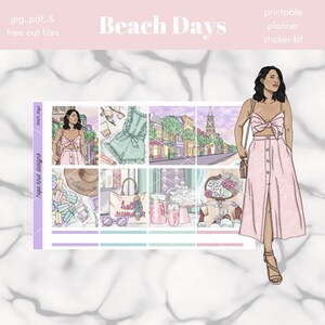 Beach Days PRINTABLE Weekly Vertical Planner Sticker Kit / Standard Size 1.5in Wide Stickers / JPG, PDF, Free Cut Files Inclus