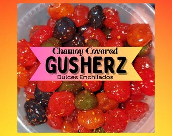 Chamoy Gusherz. Dulces. Snacks. Dulces de Chamoy. Navidad. Fiesta. Halloween. Dulces cubiertos de Chamoy. Dulces enchilados. Fiesta.
