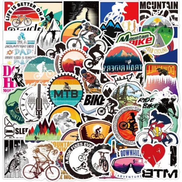 50 pcs Mountain Bike Stickers Pack Funny Decals for Helmet Cars with Outdoors Adventure Laptop Bumper Home Decor Room Art