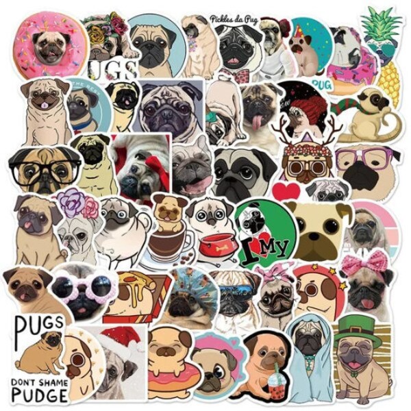 50pcs Cute Emoji Funny Dog Pug Stickers Pack For Decoration Laptop Home Desk Table Sticker Decals Pack