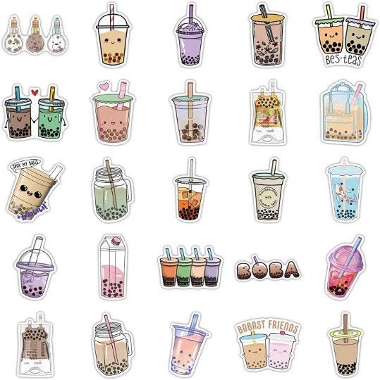 50pcs Boba Tea Stickers Bubble Tea Pearl Milk Tea Stickers, Vinyl  Waterproof Stickers for Laptop,Bumper,Water Bottles,Computer,Phone,Hard  hat,Car Stickers and Decals,Adults Kids Teens for Stickers