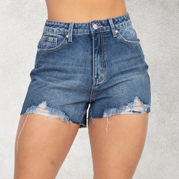 Raw Cut Distressing Denim Short, Denim Jean Shorts High Waist Frayed Hem, Customize Denim Short, Distressed Denim Shorts, Blue Jeans Shorts