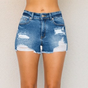 Mid Rise Distressed Denim Shorts – Frayed Hem Jean Shorts for Women, High Waist Blue Denim Cutoff Shorts, Summer Casual Jeans